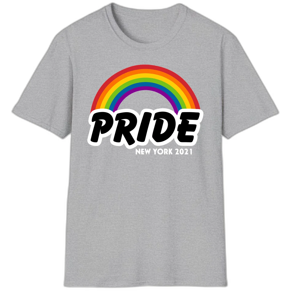 Pride New York 2021 design with vibrant rainbow arc and bold black text on gray background in Sport Grey
