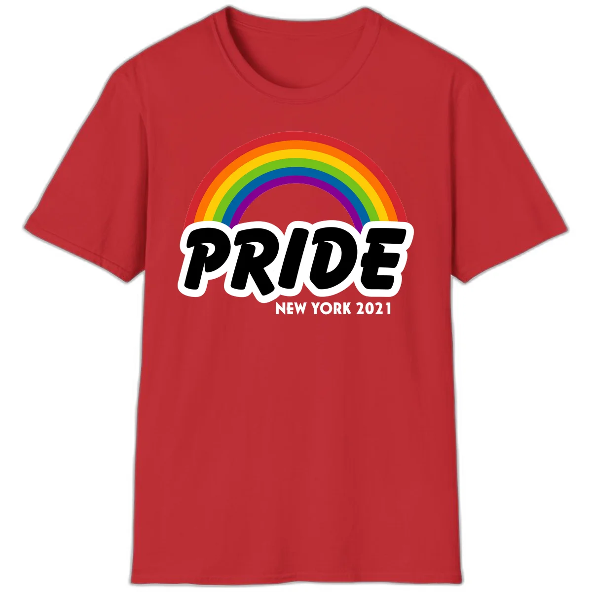 Pride New York 2021 design with vibrant rainbow arc and bold black text on gray background in Red