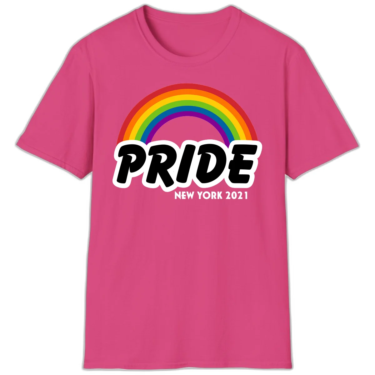 Pride New York 2021 design with vibrant rainbow arc and bold black text on gray background in Heliconia