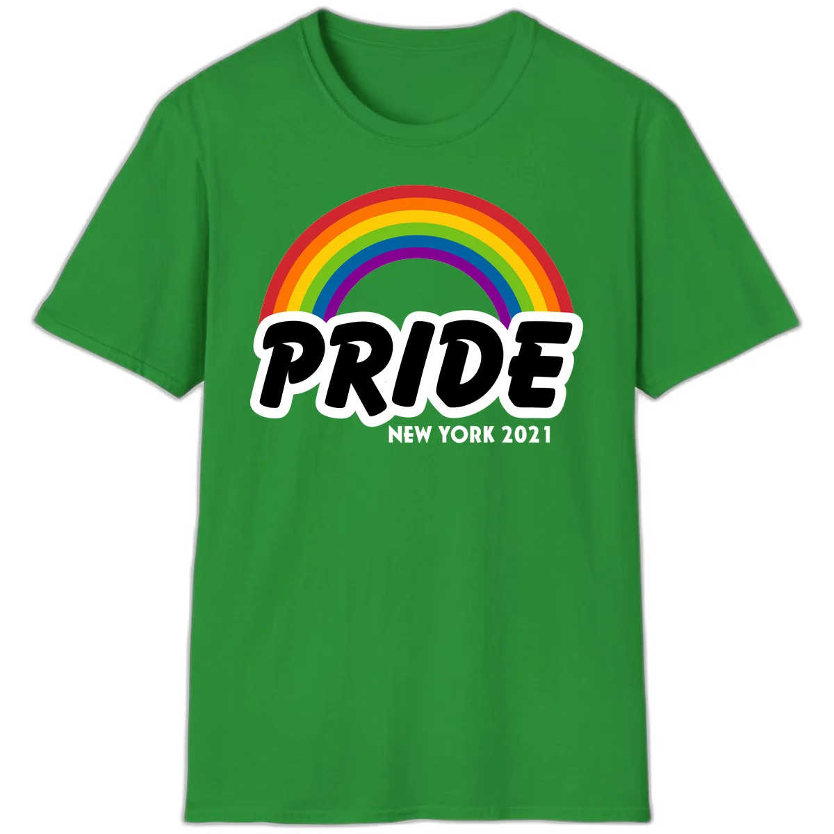 Pride New York 2021 design with vibrant rainbow arc and bold black text on gray background in Irish Green