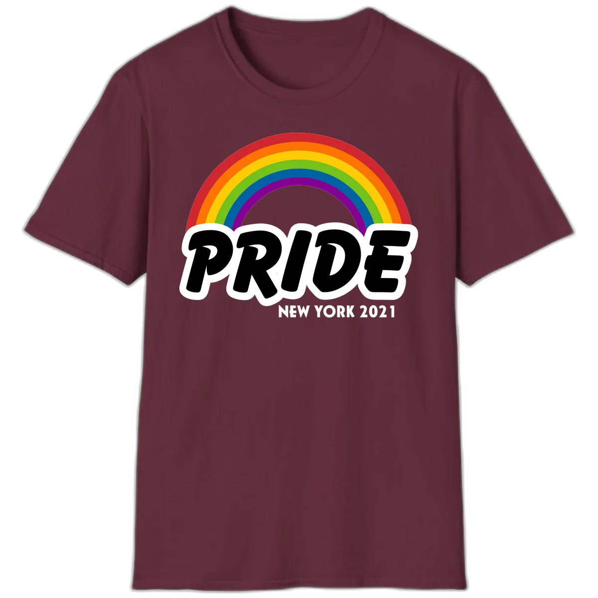 Pride New York 2021 design with vibrant rainbow arc and bold black text on gray background in Maroon