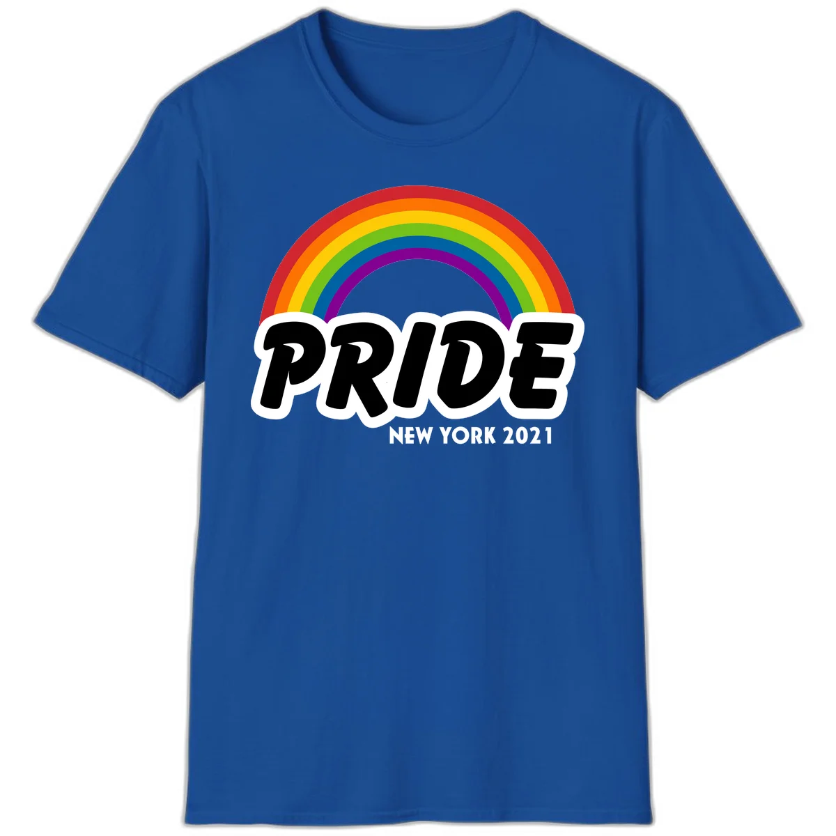 Pride New York 2021 design with vibrant rainbow arc and bold black text on gray background in Royal