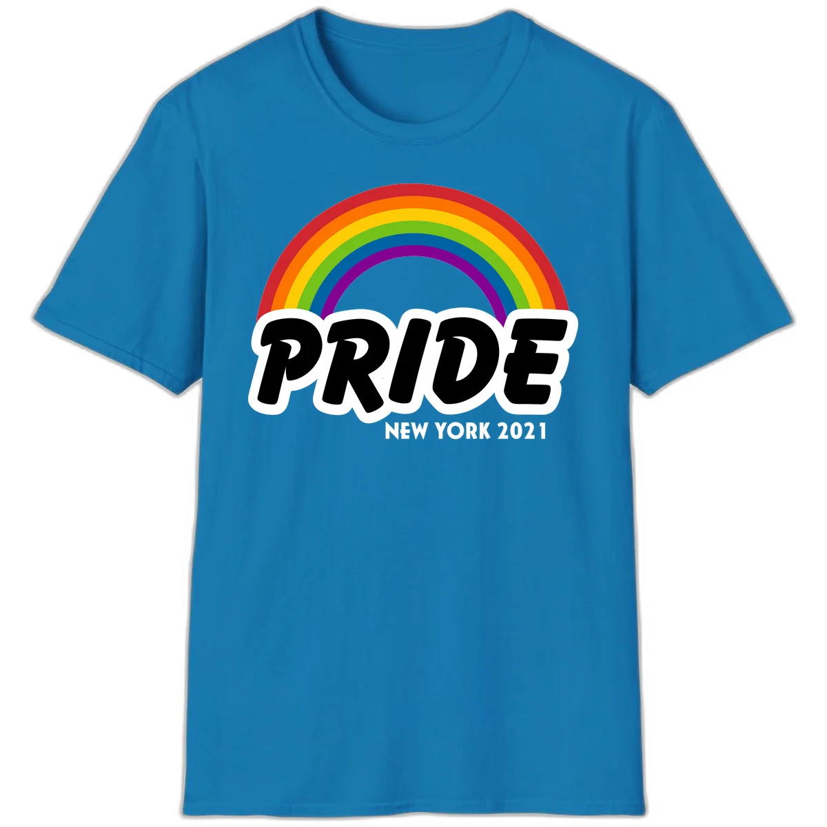 Pride New York 2021 design with vibrant rainbow arc and bold black text on gray background in Sapphire