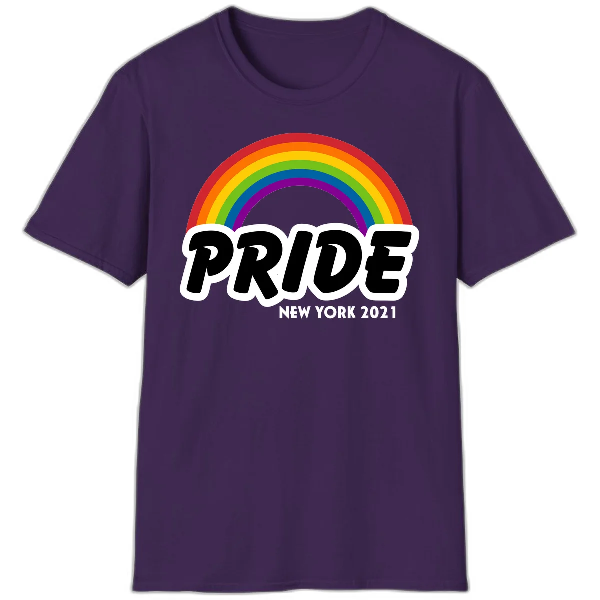 Pride New York 2021 design with vibrant rainbow arc and bold black text on gray background in Purple