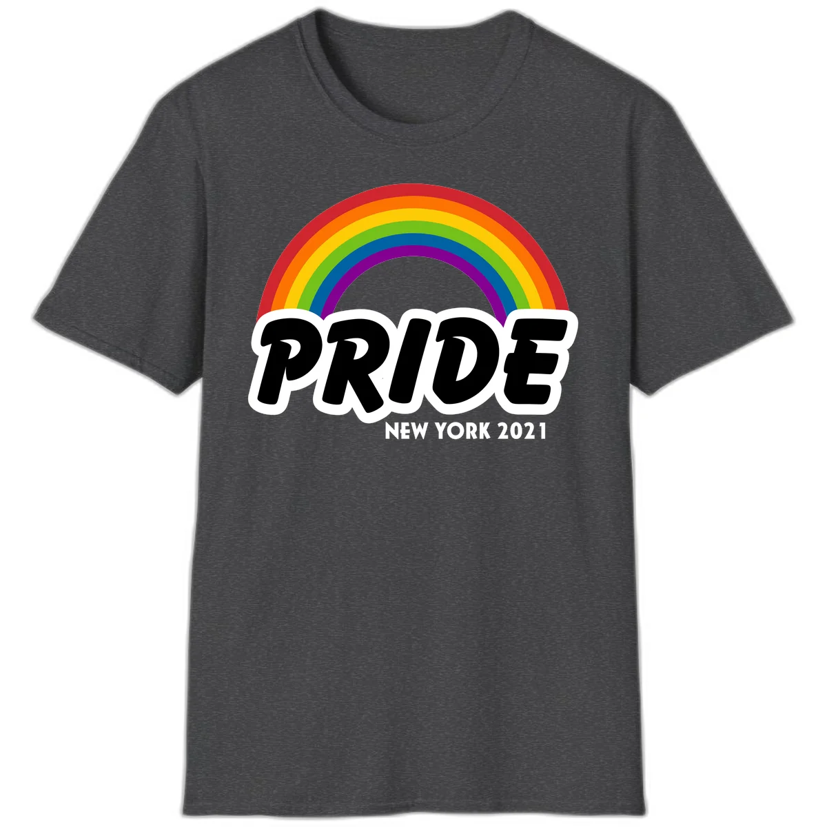 Pride New York 2021 design with vibrant rainbow arc and bold black text on gray background in Dark Heather