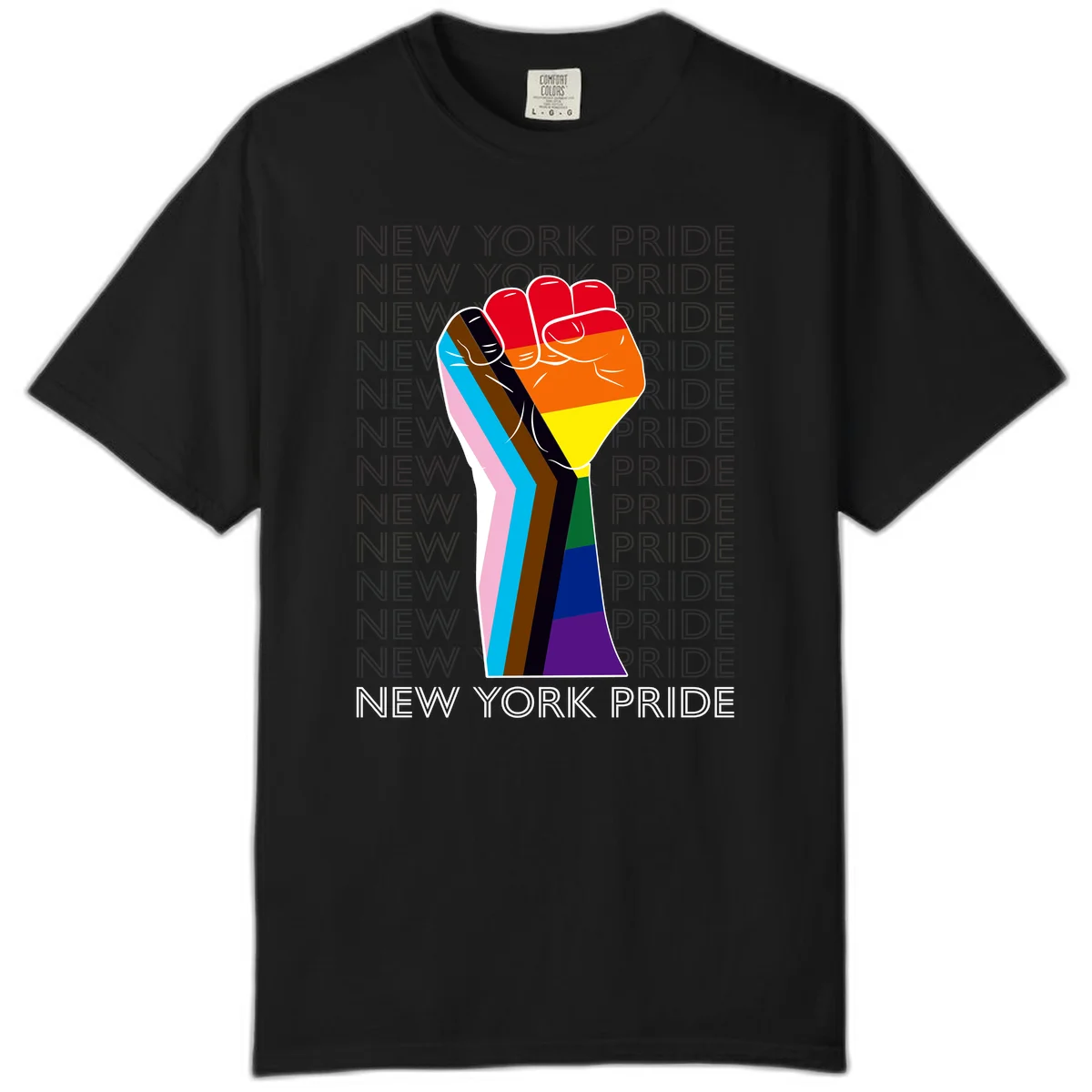 Raised fist in rainbow pride colors with pink, cyan, brown, and black diversity stripes on gray background with New York Pride text in Black