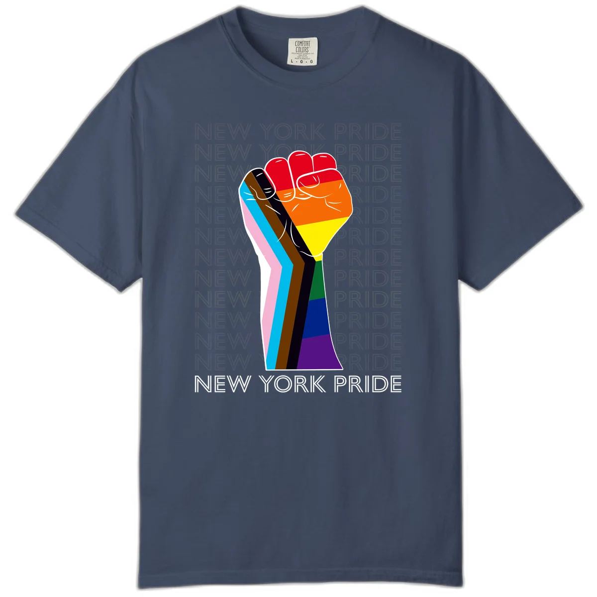 Raised fist in rainbow pride colors with pink, cyan, brown, and black diversity stripes on gray background with New York Pride text in Midnight