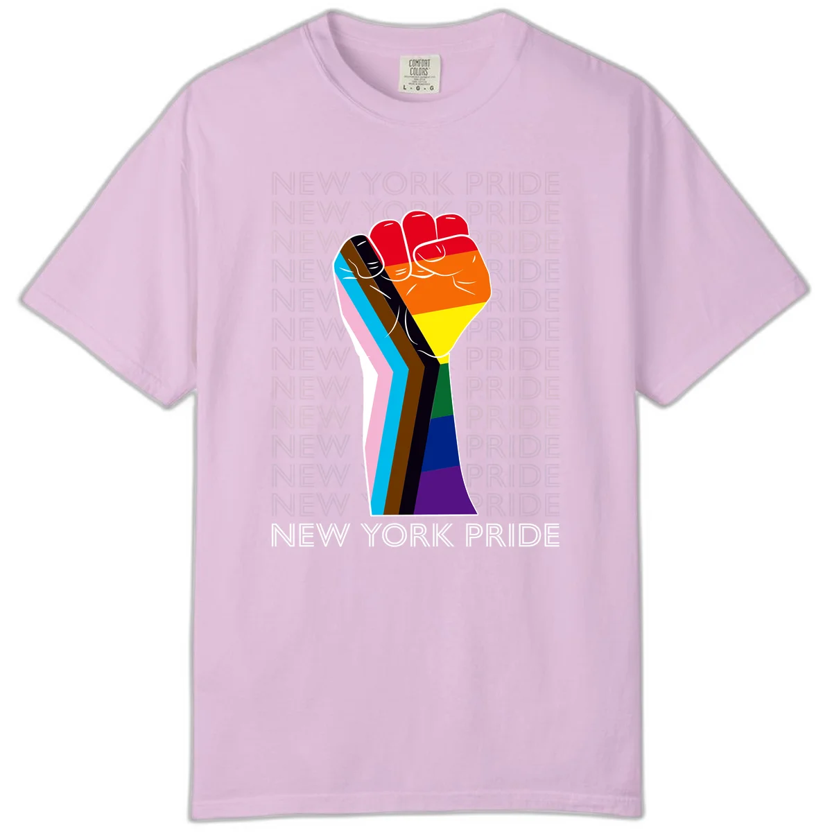 Raised fist in rainbow pride colors with pink, cyan, brown, and black diversity stripes on gray background with New York Pride text in Orchid