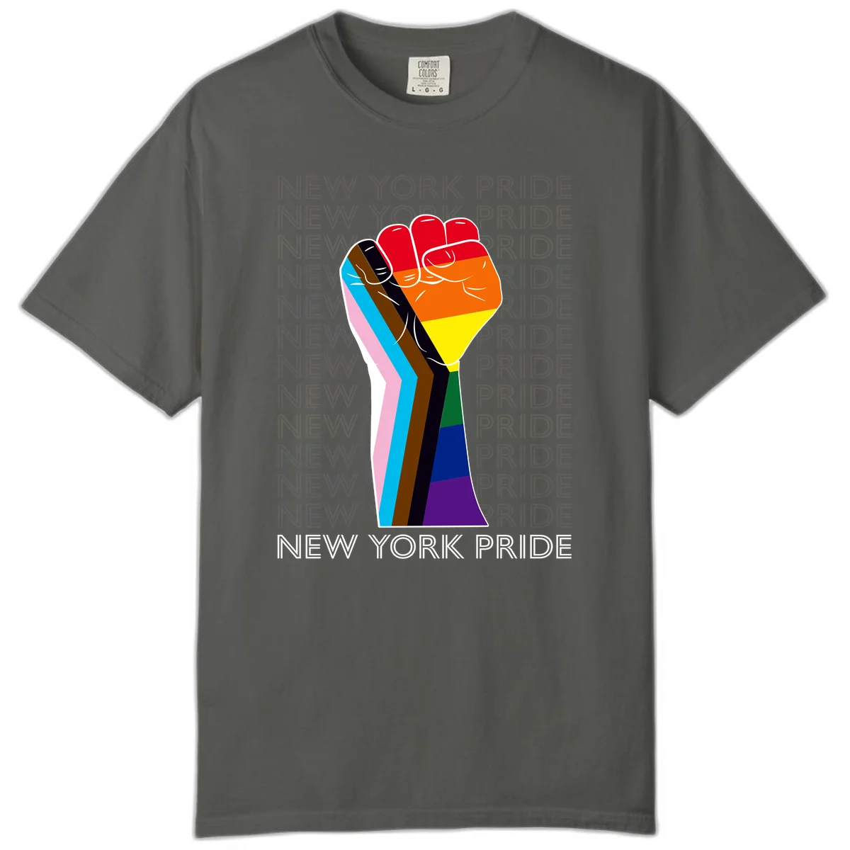 Raised fist in rainbow pride colors with pink, cyan, brown, and black diversity stripes on gray background with New York Pride text in Pepper