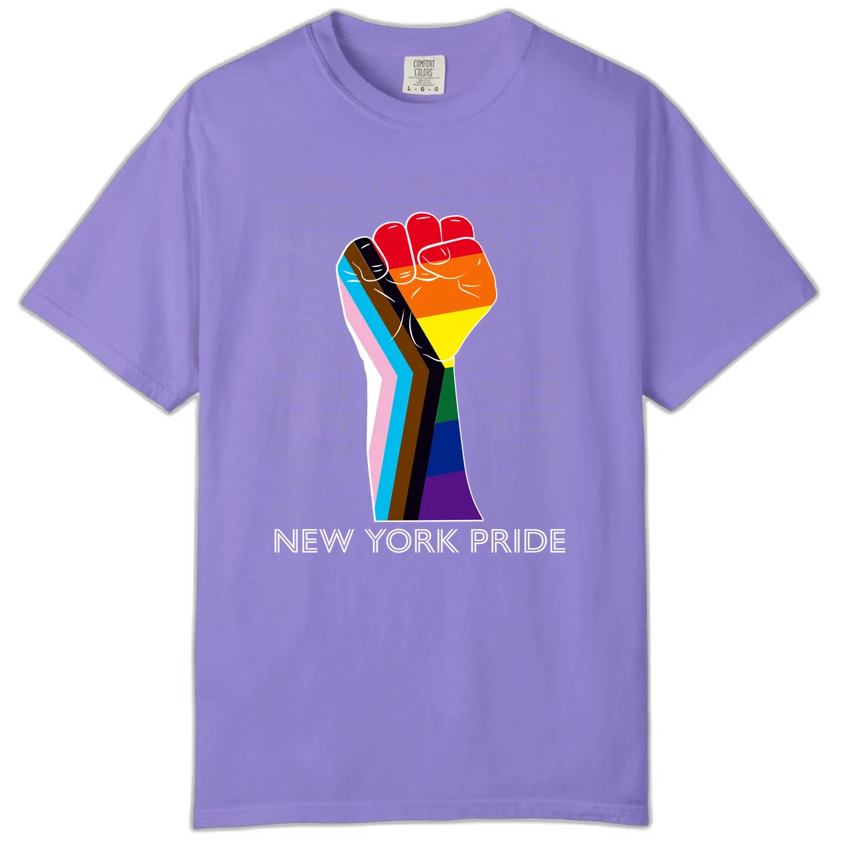 Raised fist in rainbow pride colors with pink, cyan, brown, and black diversity stripes on gray background with New York Pride text in Violet