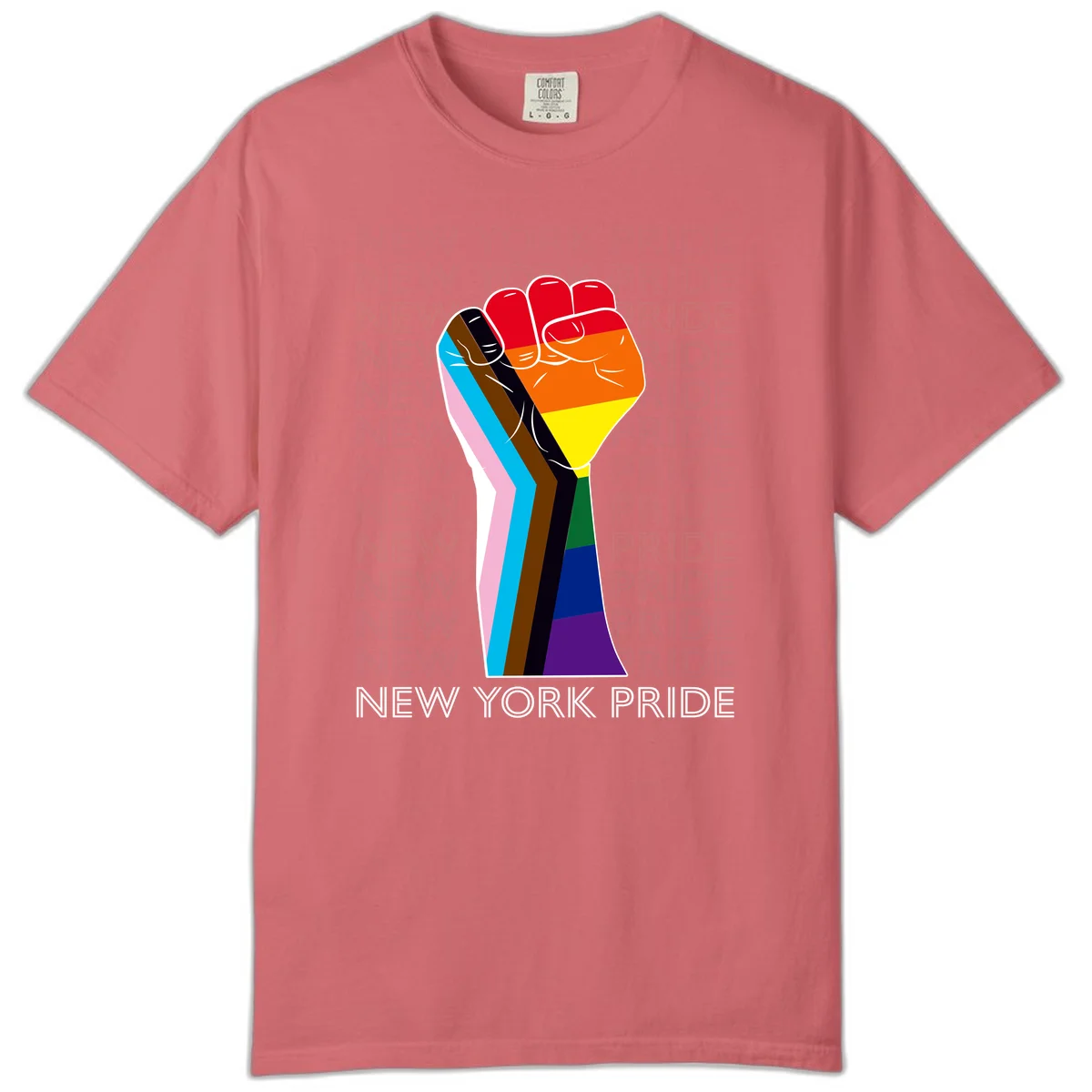 Raised fist in rainbow pride colors with pink, cyan, brown, and black diversity stripes on gray background with New York Pride text in Watermelon
