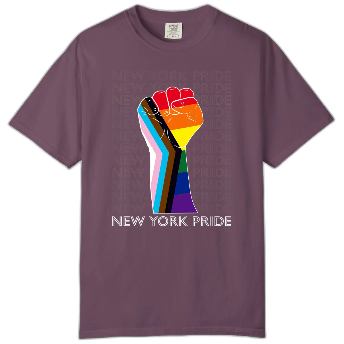 Raised fist in rainbow pride colors with pink, cyan, brown, and black diversity stripes on gray background with New York Pride text in Berry