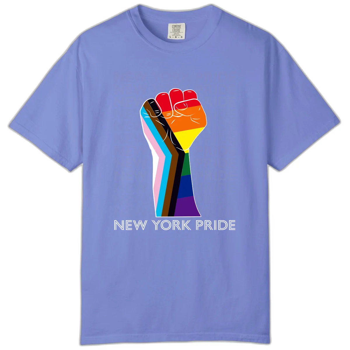 Raised fist in rainbow pride colors with pink, cyan, brown, and black diversity stripes on gray background with New York Pride text in Flo Blue