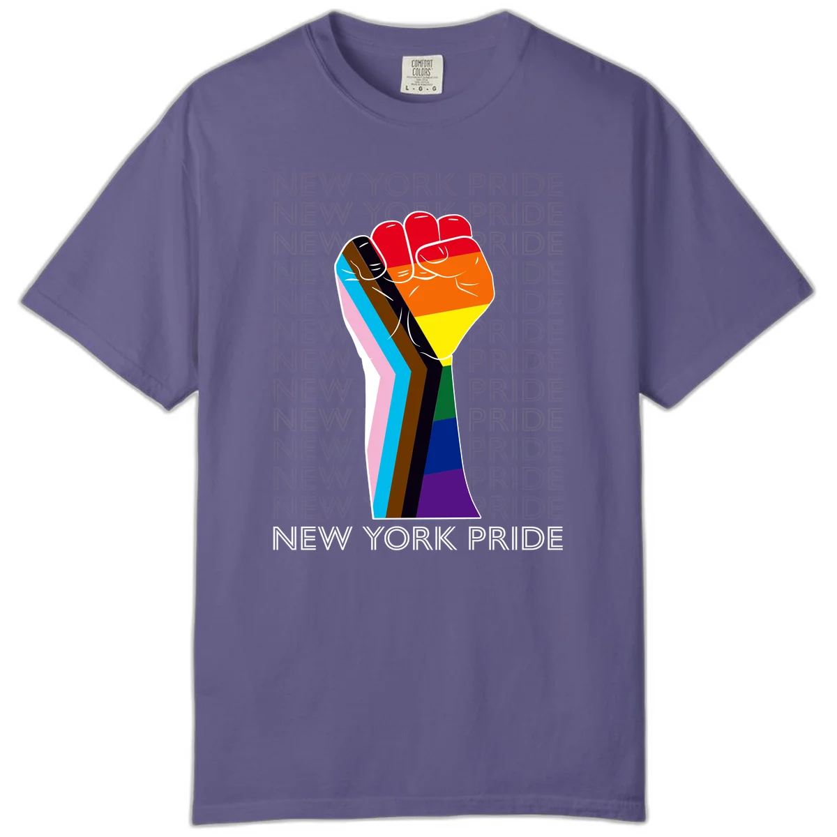 Raised fist in rainbow pride colors with pink, cyan, brown, and black diversity stripes on gray background with New York Pride text in Grape