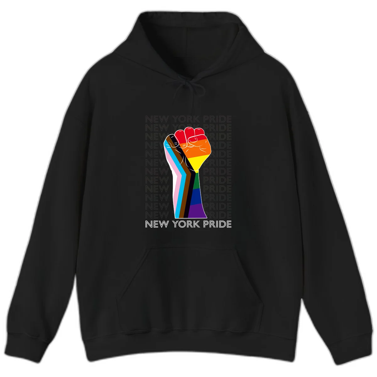 Raised fist in rainbow pride colors with pink, cyan, brown, and black diversity stripes on gray background with New York Pride text in Black