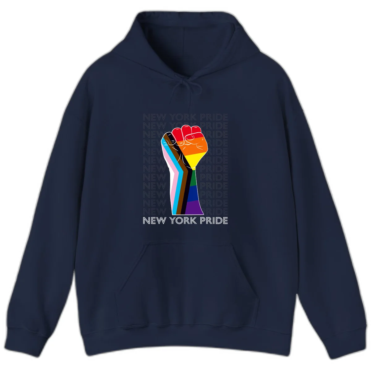 Raised fist in rainbow pride colors with pink, cyan, brown, and black diversity stripes on gray background with New York Pride text in Navy