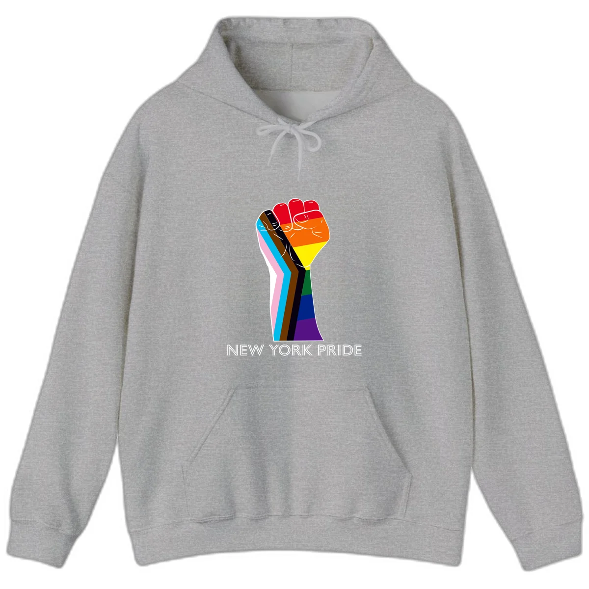 Raised fist in rainbow pride colors with pink, cyan, brown, and black diversity stripes on gray background with New York Pride text in Sport Grey