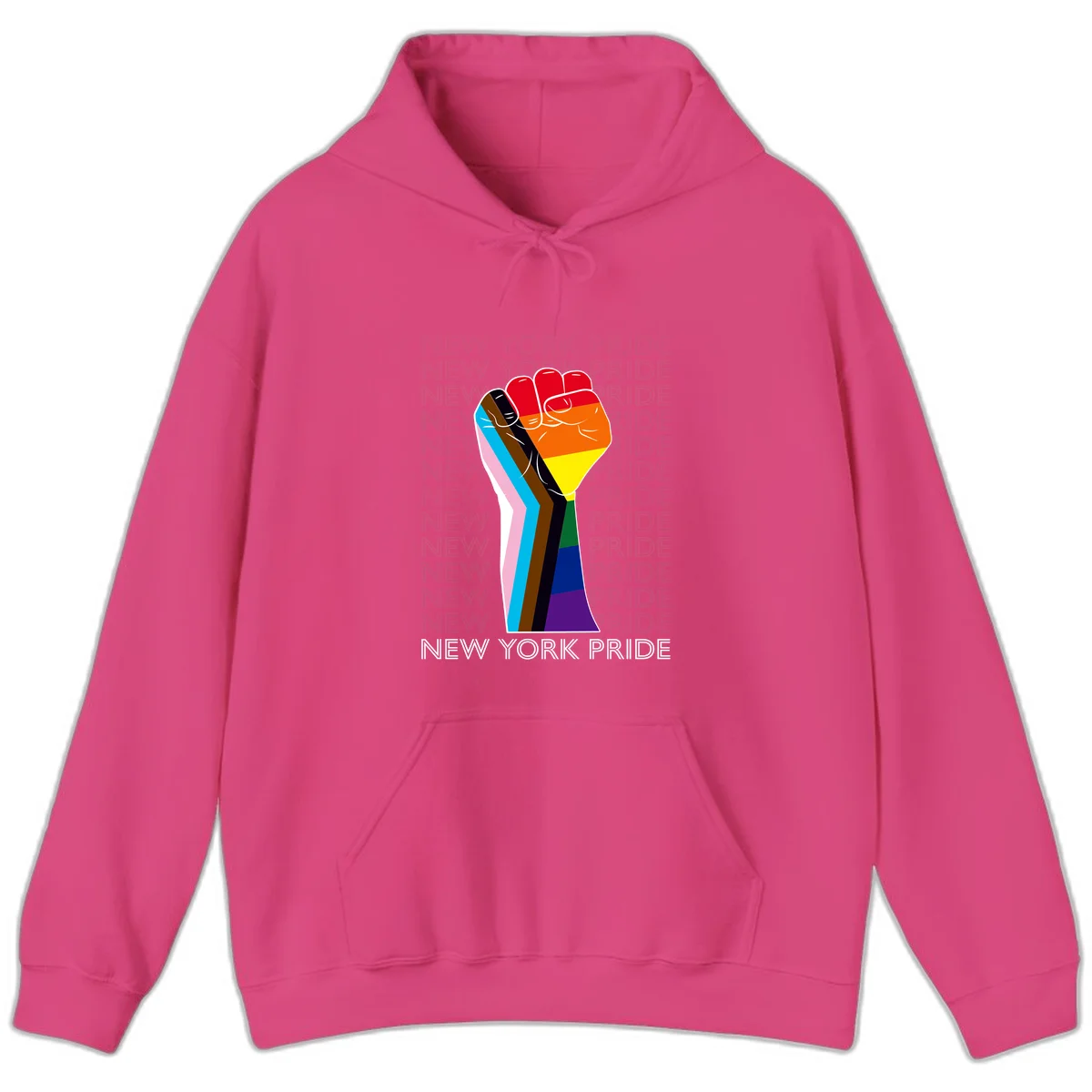 Raised fist in rainbow pride colors with pink, cyan, brown, and black diversity stripes on gray background with New York Pride text in Heliconia