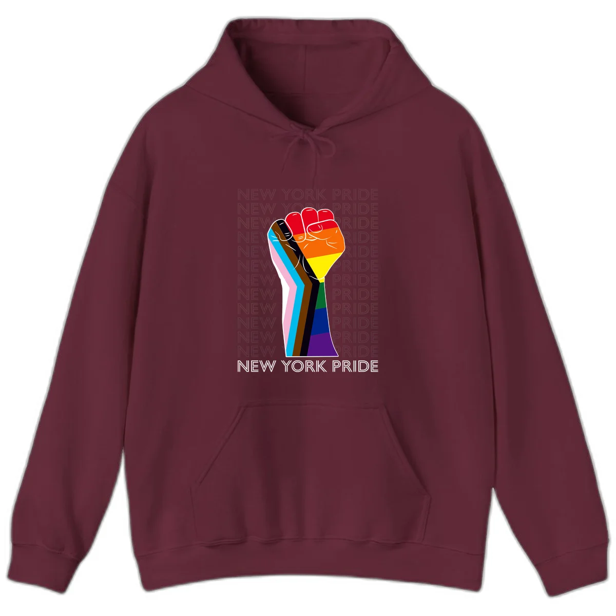 Raised fist in rainbow pride colors with pink, cyan, brown, and black diversity stripes on gray background with New York Pride text in Maroon