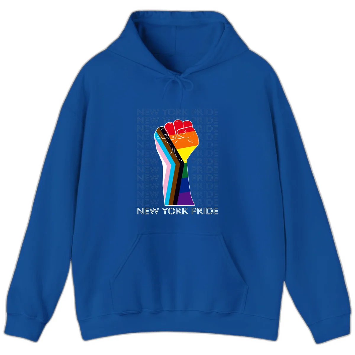 Raised fist in rainbow pride colors with pink, cyan, brown, and black diversity stripes on gray background with New York Pride text in Royal