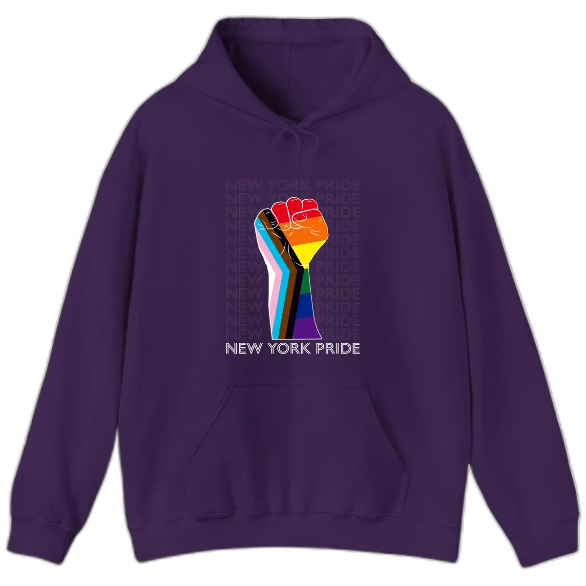 Raised fist in rainbow pride colors with pink, cyan, brown, and black diversity stripes on gray background with New York Pride text in Purple