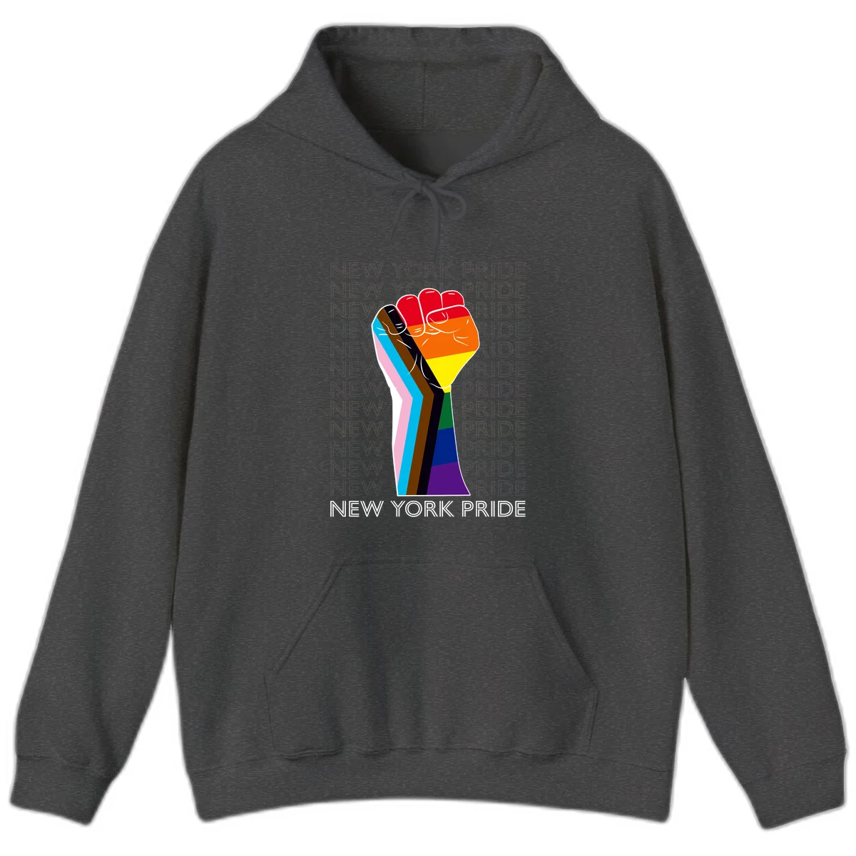 Raised fist in rainbow pride colors with pink, cyan, brown, and black diversity stripes on gray background with New York Pride text in Dark Heather