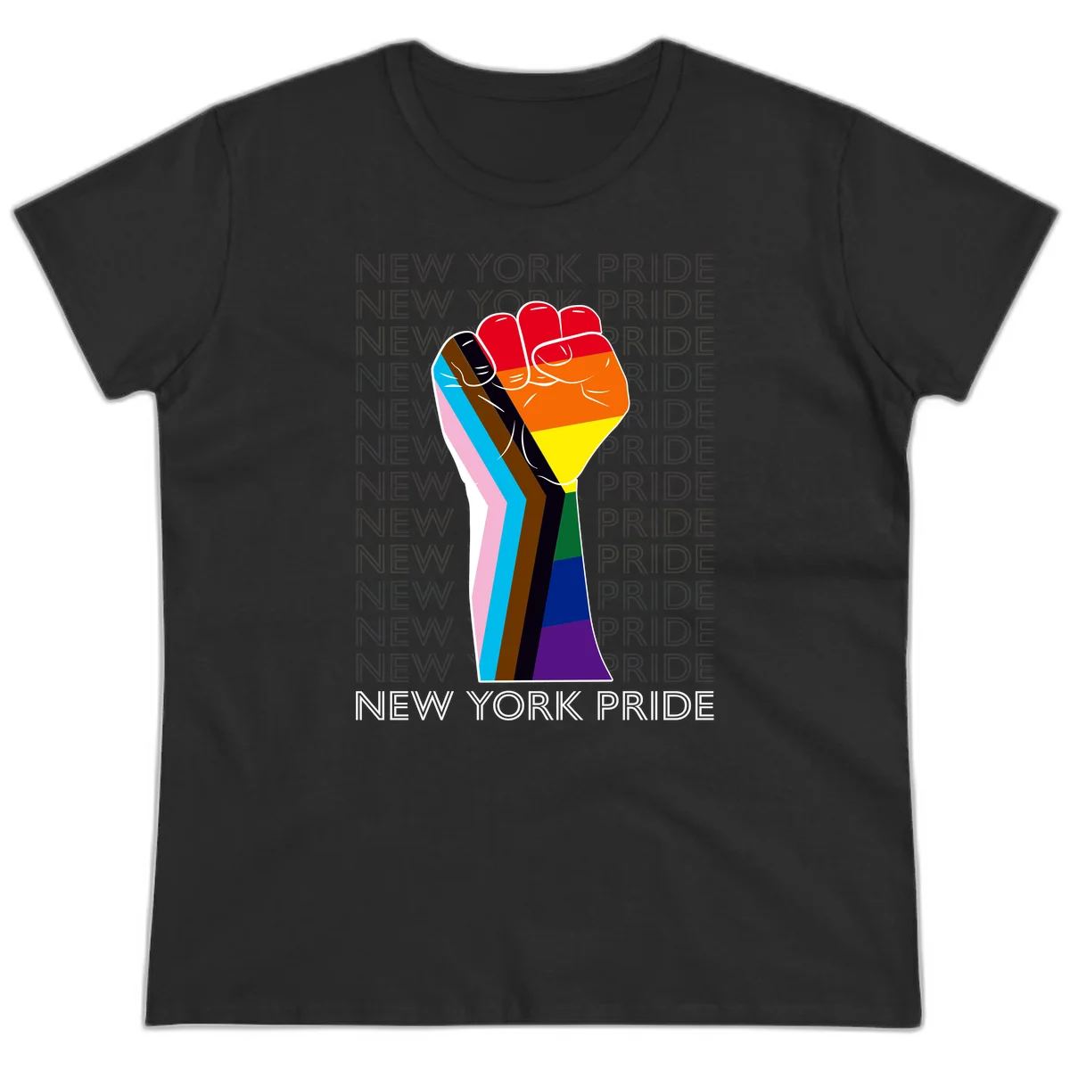 Raised fist in rainbow pride colors with pink, cyan, brown, and black diversity stripes on gray background with New York Pride text in Black