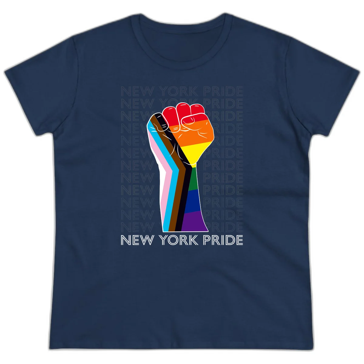 Raised fist in rainbow pride colors with pink, cyan, brown, and black diversity stripes on gray background with New York Pride text in Navy