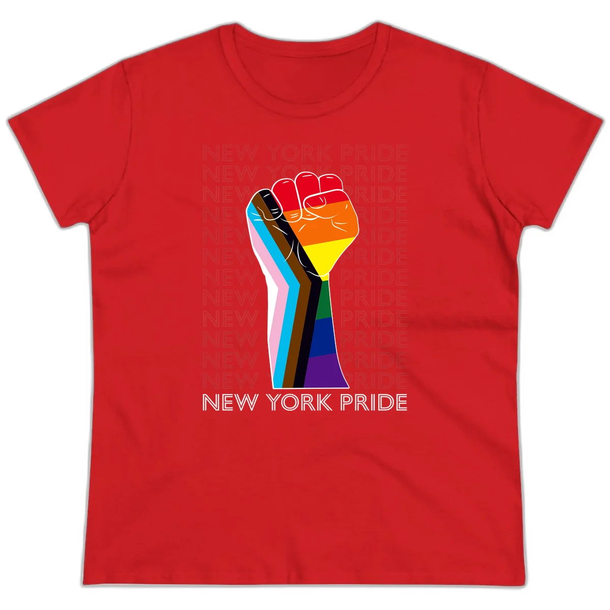 Raised fist in rainbow pride colors with pink, cyan, brown, and black diversity stripes on gray background with New York Pride text in Red