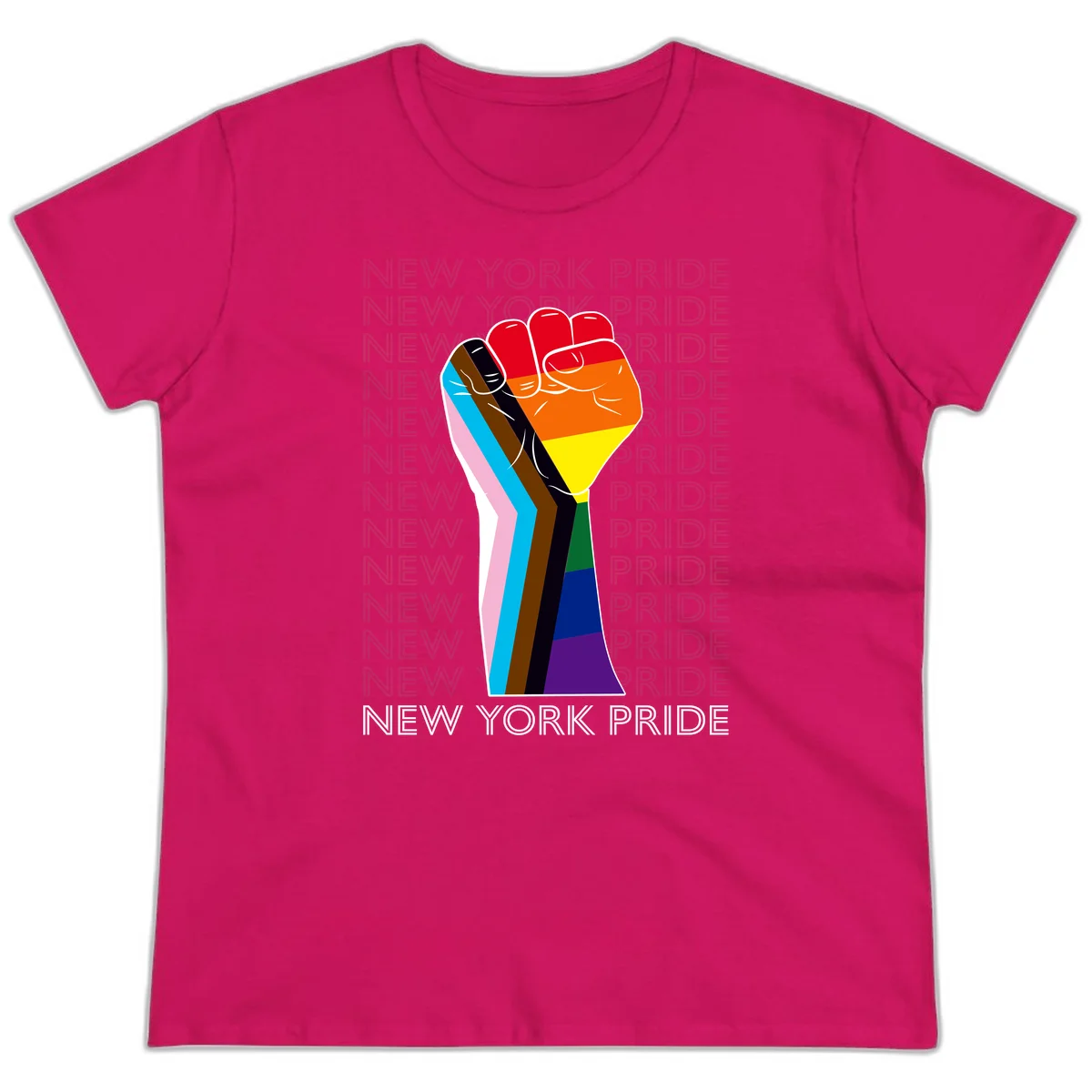 Raised fist in rainbow pride colors with pink, cyan, brown, and black diversity stripes on gray background with New York Pride text in Heliconia