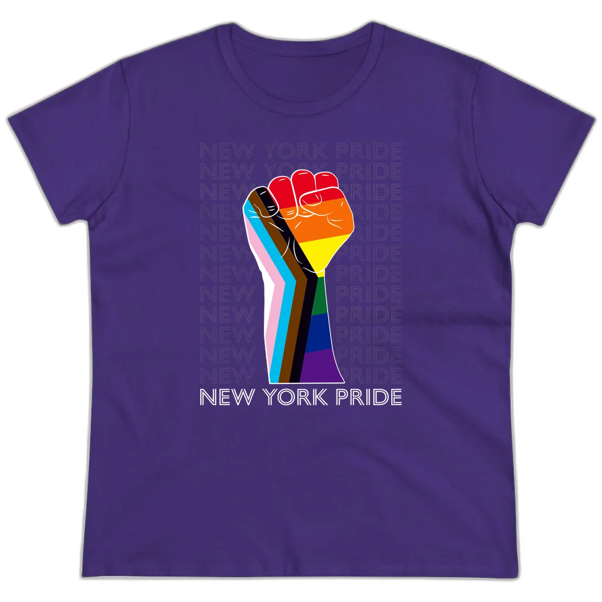 Raised fist in rainbow pride colors with pink, cyan, brown, and black diversity stripes on gray background with New York Pride text in Purple