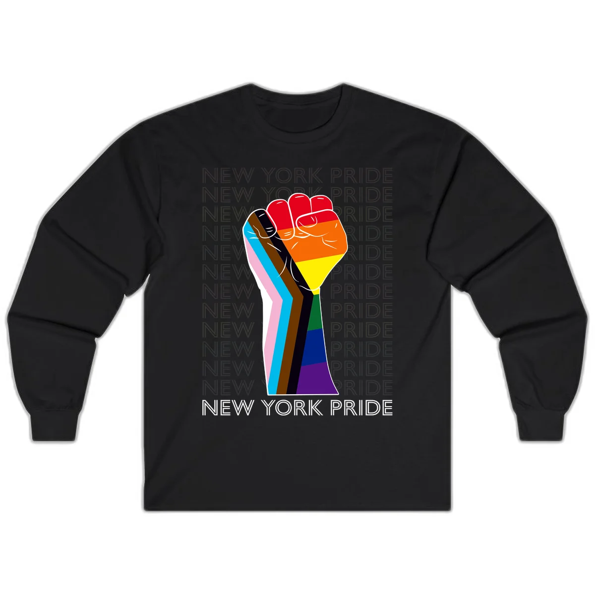 Raised fist in rainbow pride colors with pink, cyan, brown, and black diversity stripes on gray background with New York Pride text in Black