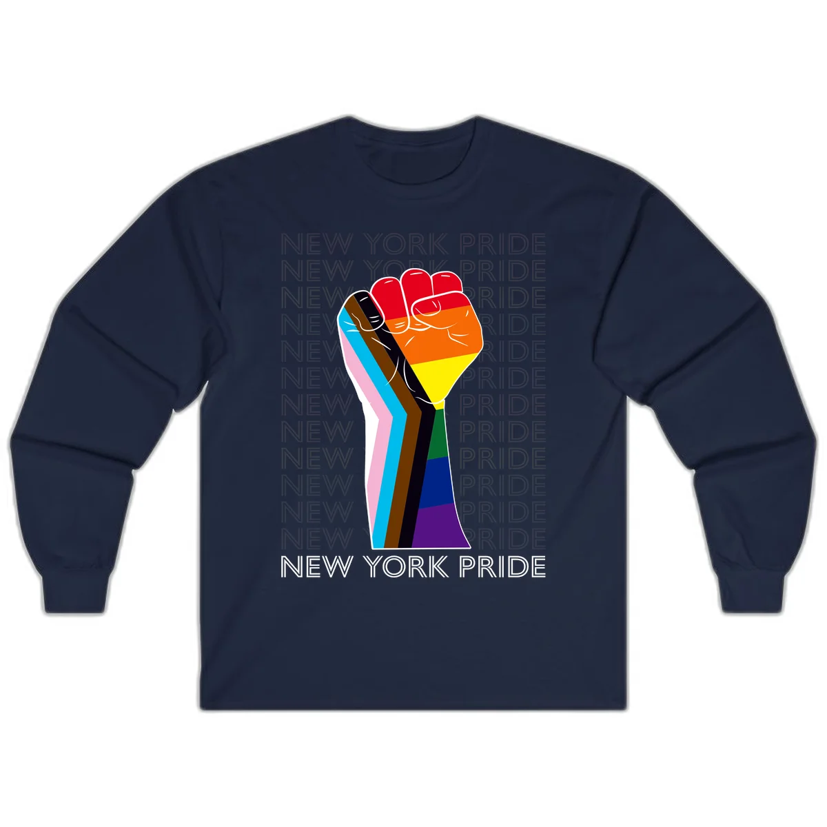 Raised fist in rainbow pride colors with pink, cyan, brown, and black diversity stripes on gray background with New York Pride text in Navy