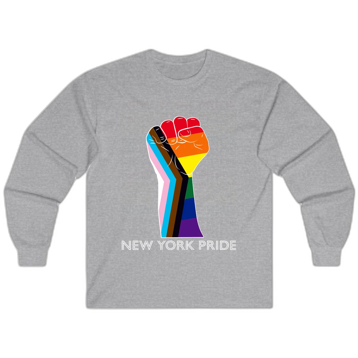 Raised fist in rainbow pride colors with pink, cyan, brown, and black diversity stripes on gray background with New York Pride text in Sport Grey