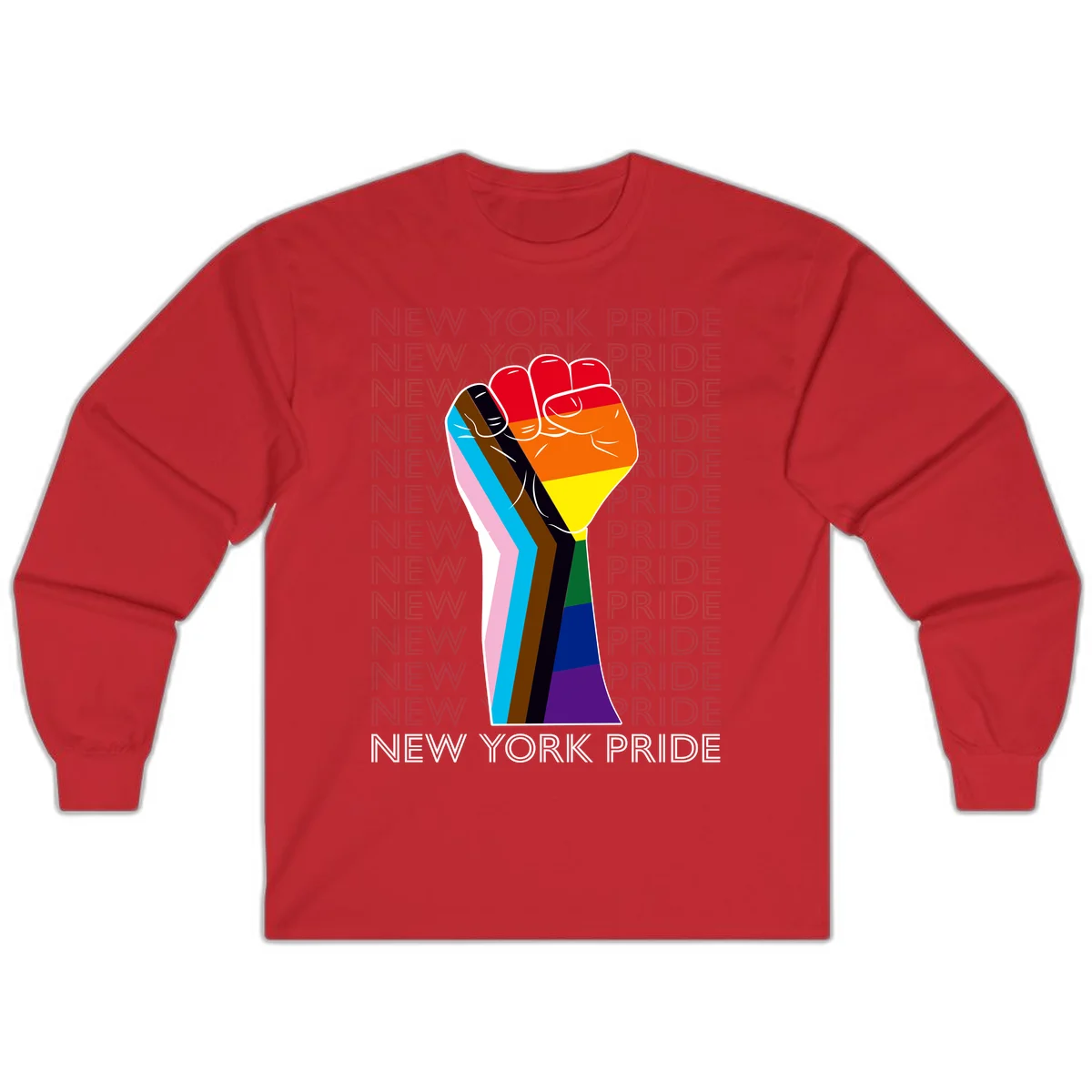 Raised fist in rainbow pride colors with pink, cyan, brown, and black diversity stripes on gray background with New York Pride text in Red