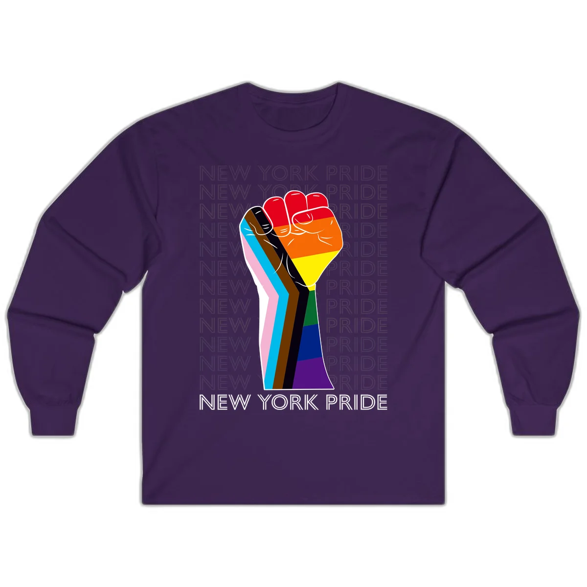 Raised fist in rainbow pride colors with pink, cyan, brown, and black diversity stripes on gray background with New York Pride text in Purple