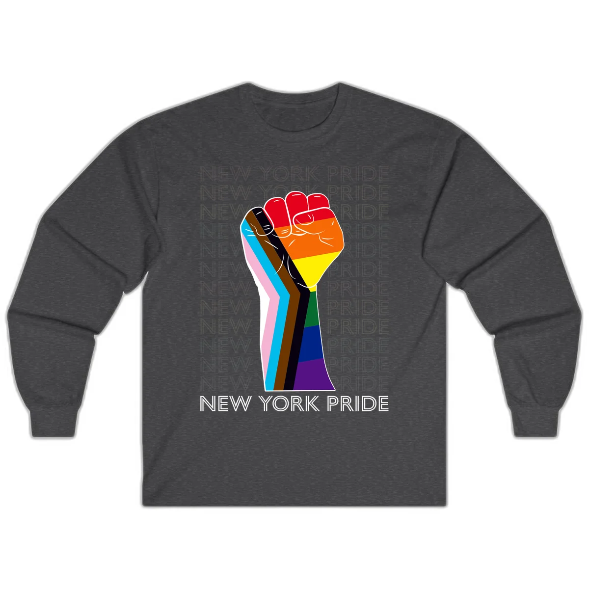 Raised fist in rainbow pride colors with pink, cyan, brown, and black diversity stripes on gray background with New York Pride text in Dark Heather
