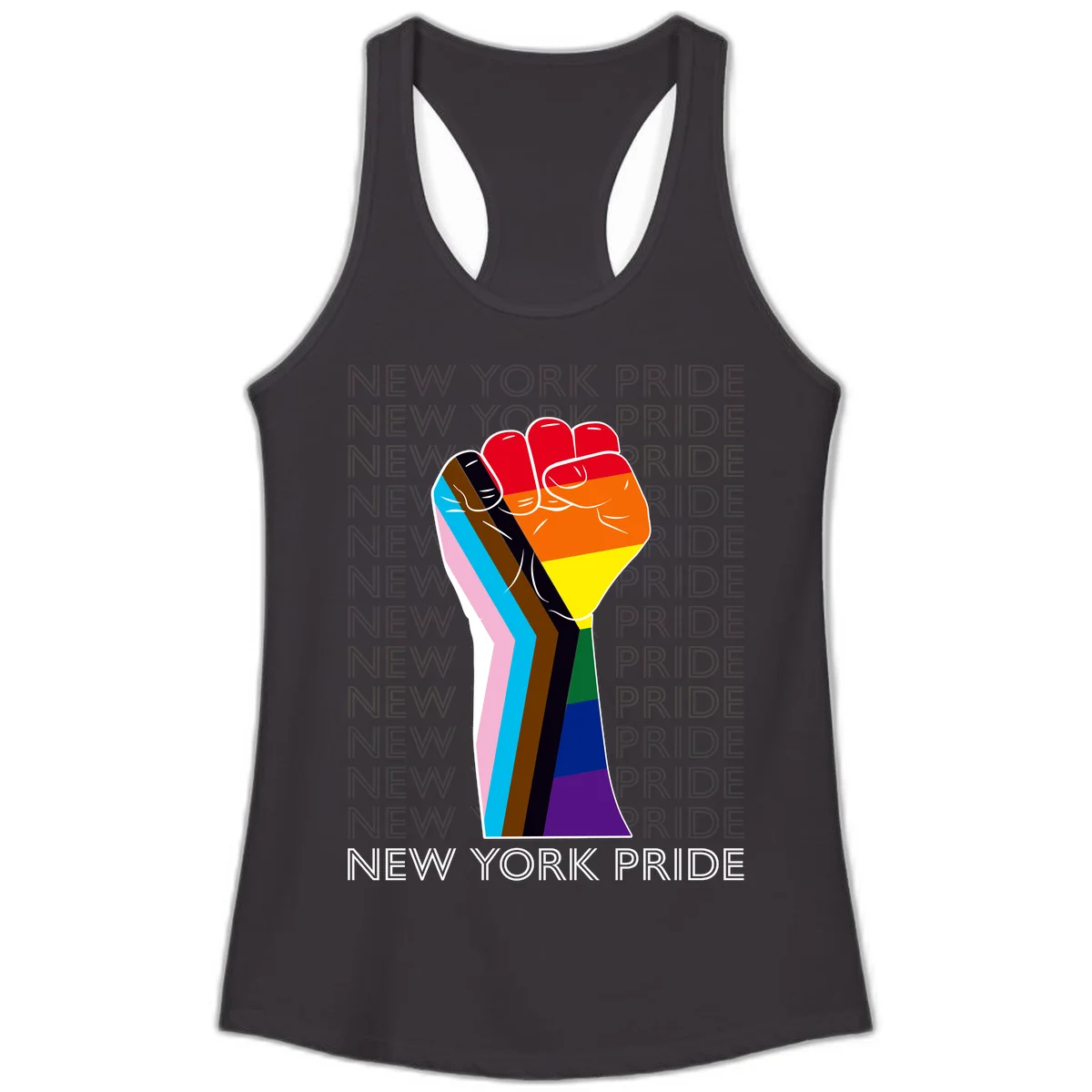 Raised fist in rainbow pride colors with pink, cyan, brown, and black diversity stripes on gray background with New York Pride text in Black