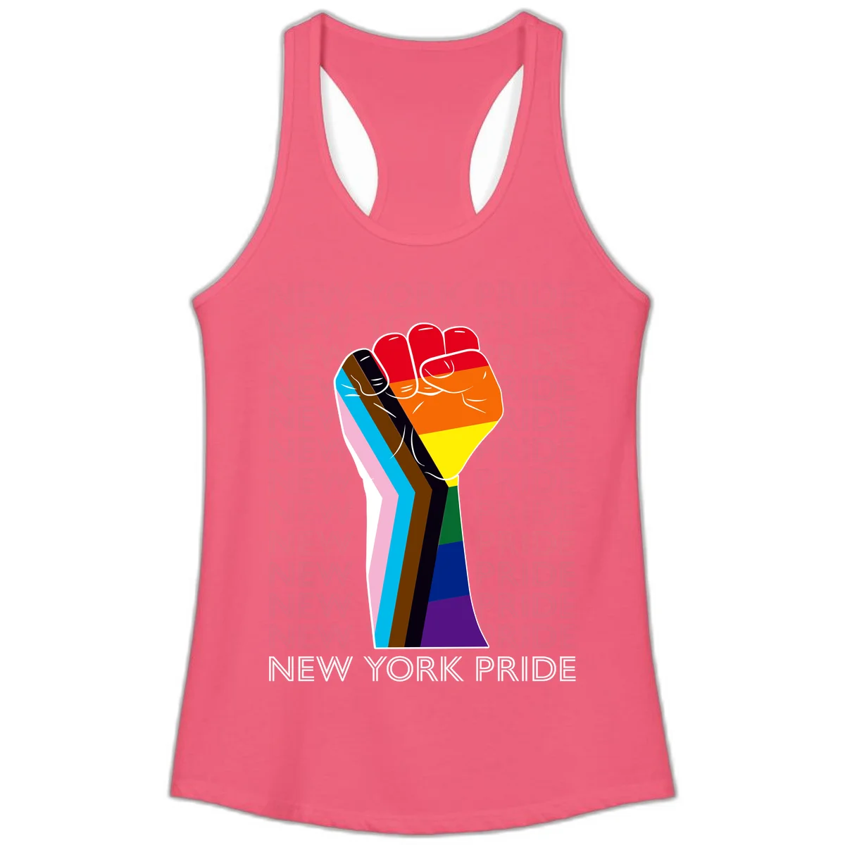 Raised fist in rainbow pride colors with pink, cyan, brown, and black diversity stripes on gray background with New York Pride text in Hot Pink