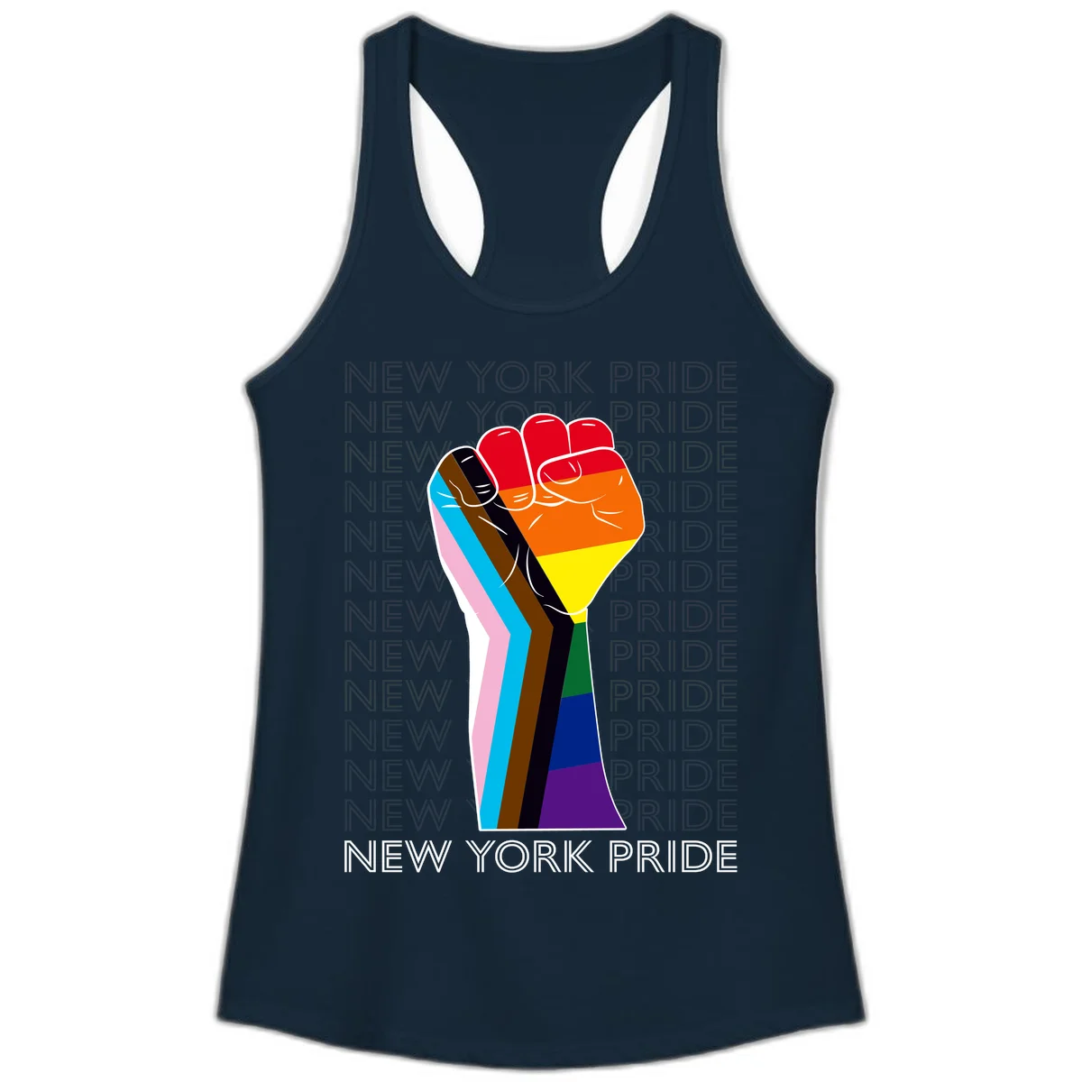 Raised fist in rainbow pride colors with pink, cyan, brown, and black diversity stripes on gray background with New York Pride text in Solid Midnight Navy