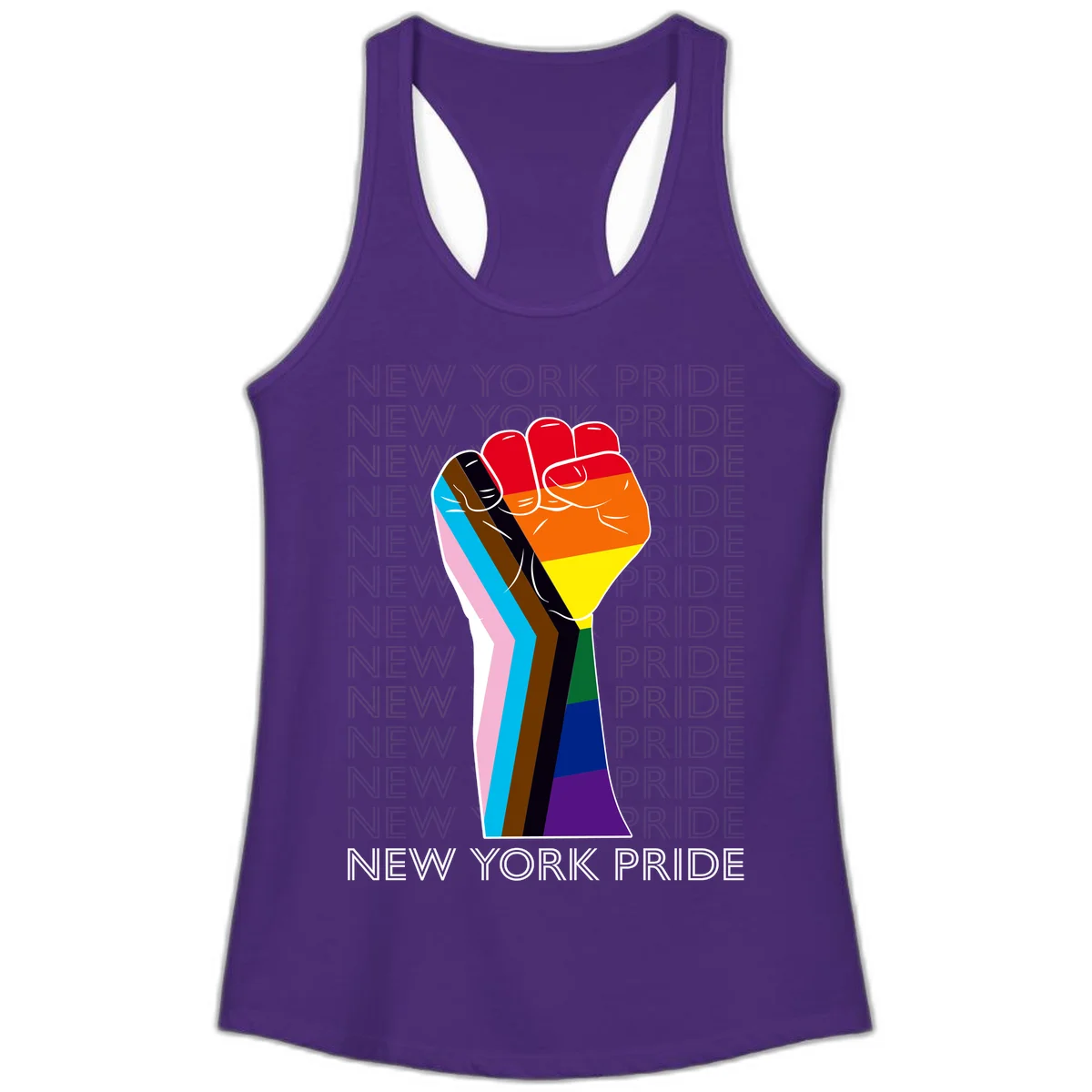Raised fist in rainbow pride colors with pink, cyan, brown, and black diversity stripes on gray background with New York Pride text in Solid Purple Rush