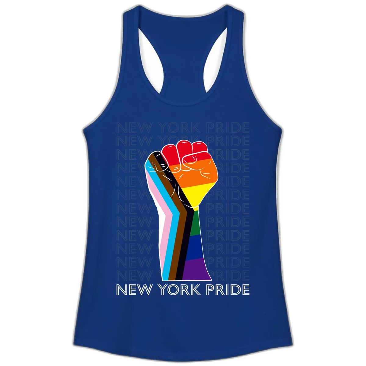 Raised fist in rainbow pride colors with pink, cyan, brown, and black diversity stripes on gray background with New York Pride text in Solid Royal