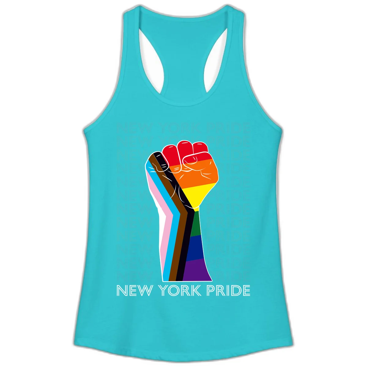 Raised fist in rainbow pride colors with pink, cyan, brown, and black diversity stripes on gray background with New York Pride text in Solid Tahiti Blue