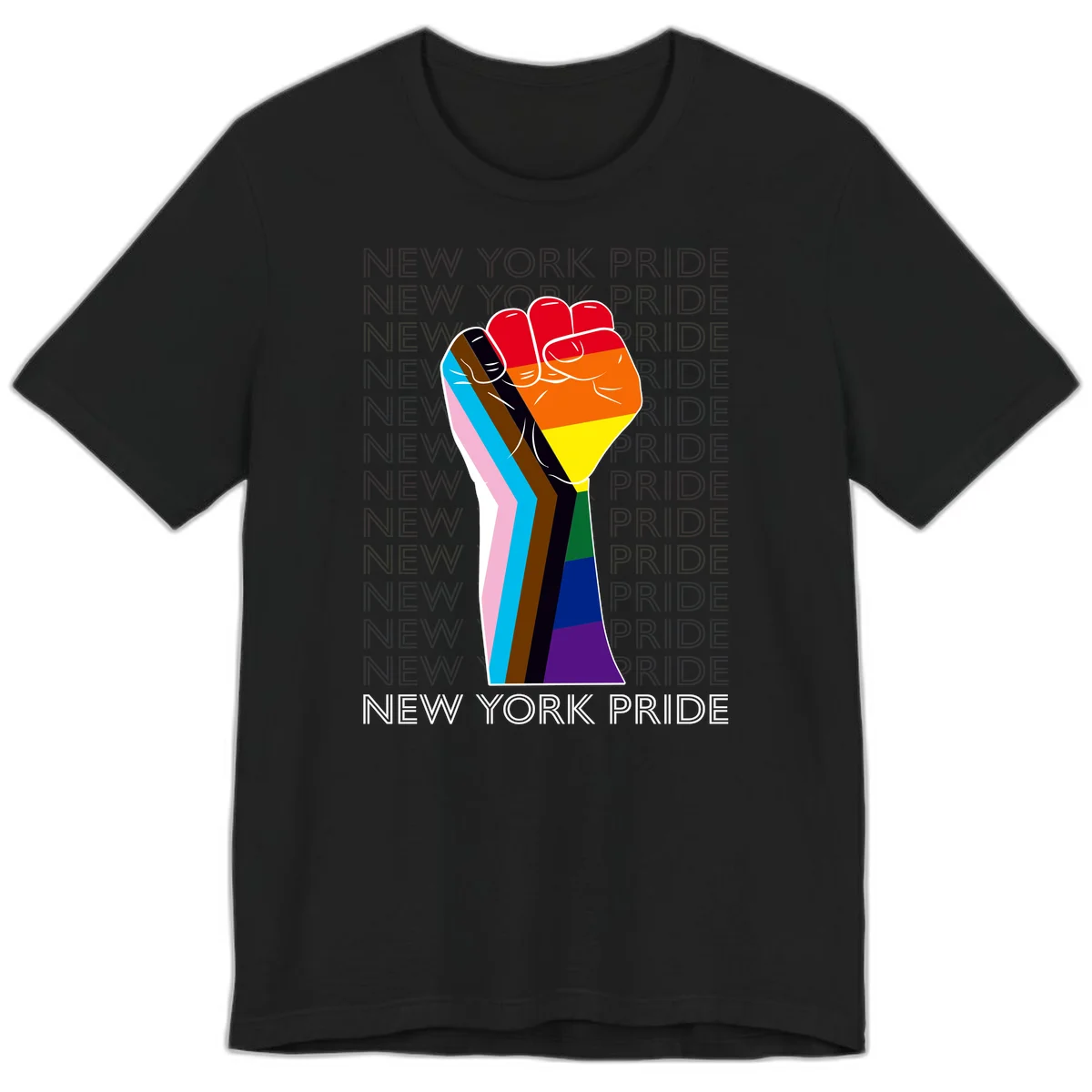 Raised fist in rainbow pride colors with pink, cyan, brown, and black diversity stripes on gray background with New York Pride text in Black