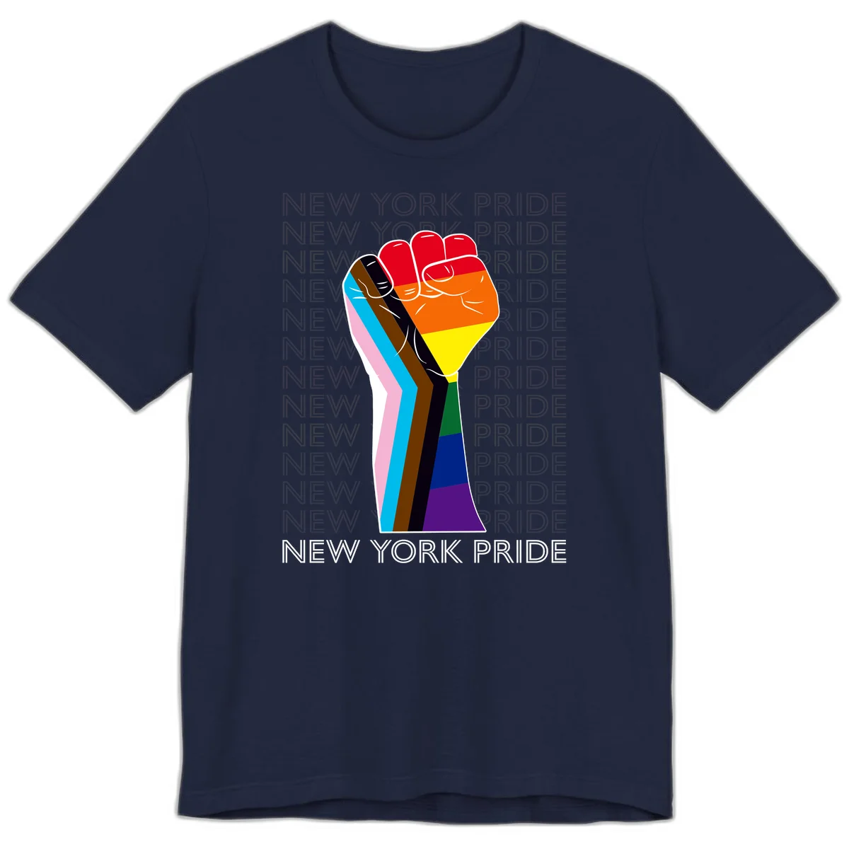 Raised fist in rainbow pride colors with pink, cyan, brown, and black diversity stripes on gray background with New York Pride text in Navy