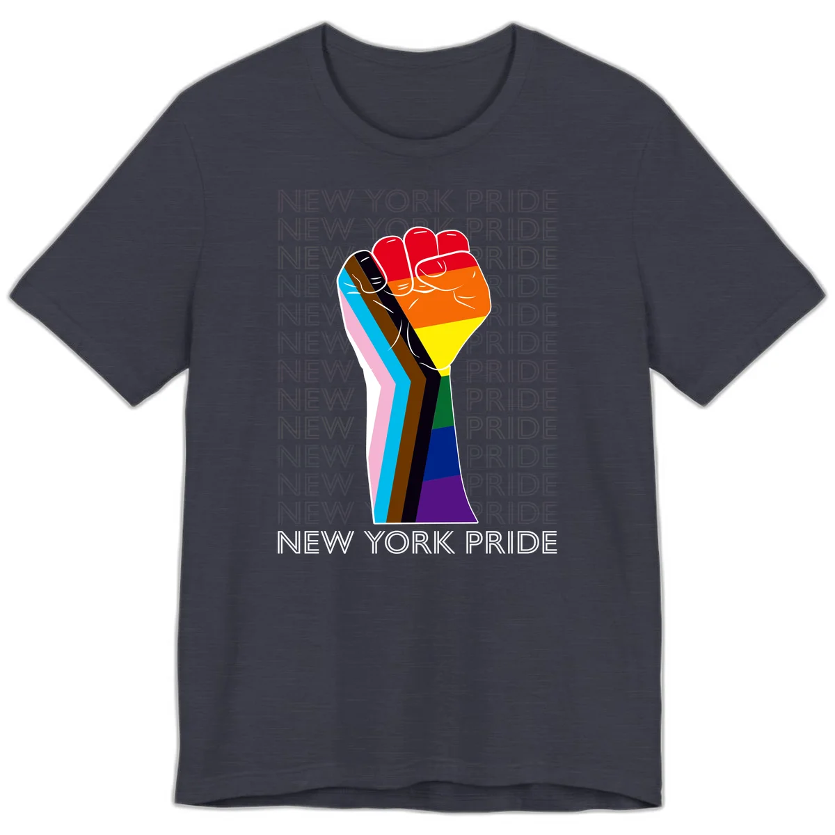 Raised fist in rainbow pride colors with pink, cyan, brown, and black diversity stripes on gray background with New York Pride text in Heather Midnight Navy