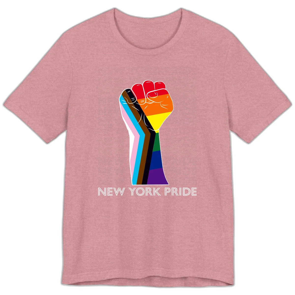 Raised fist in rainbow pride colors with pink, cyan, brown, and black diversity stripes on gray background with New York Pride text in Heather Orchid