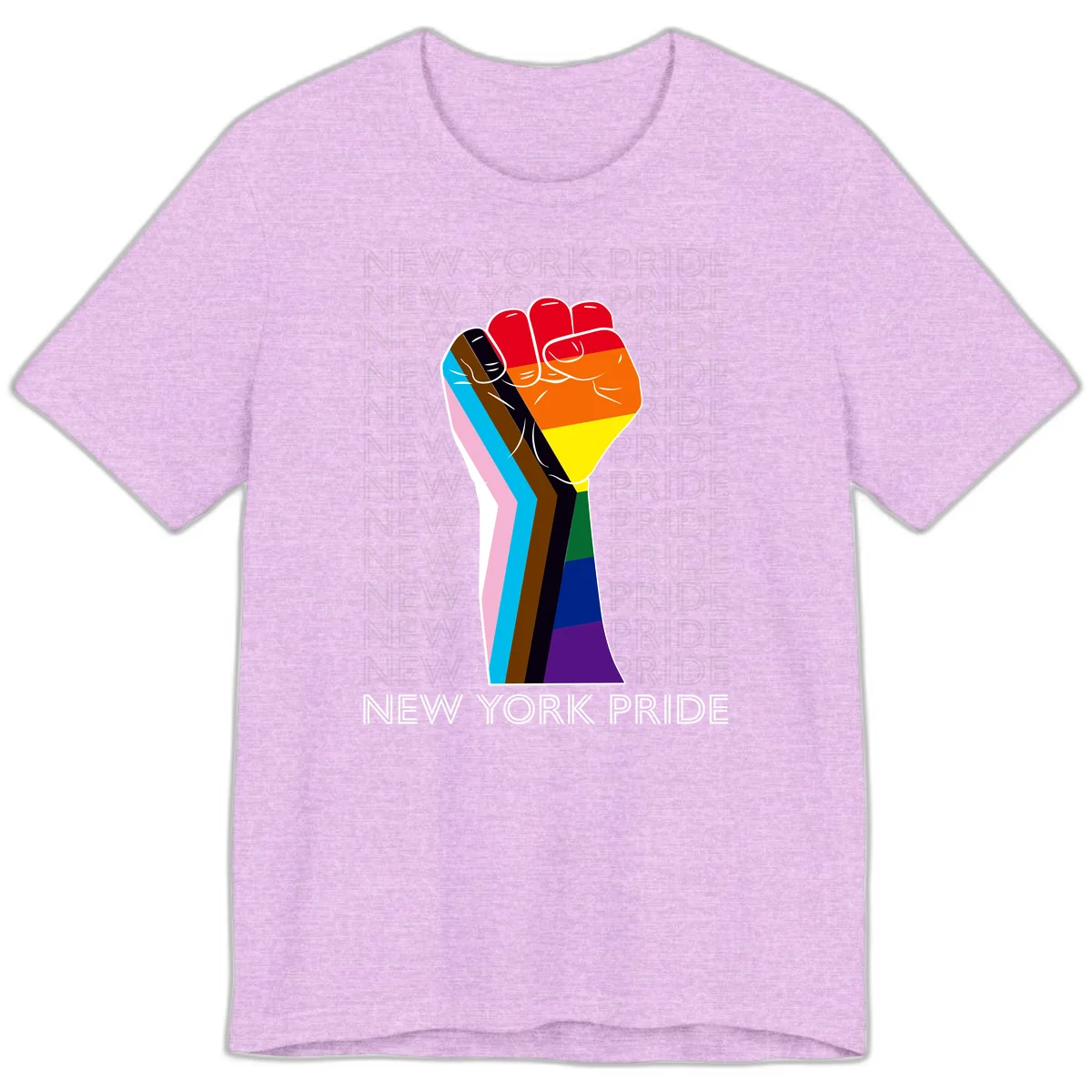 Raised fist in rainbow pride colors with pink, cyan, brown, and black diversity stripes on gray background with New York Pride text in Heather Prism Lilac