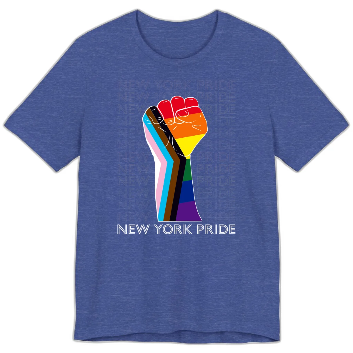 Raised fist in rainbow pride colors with pink, cyan, brown, and black diversity stripes on gray background with New York Pride text in Heather True Royal