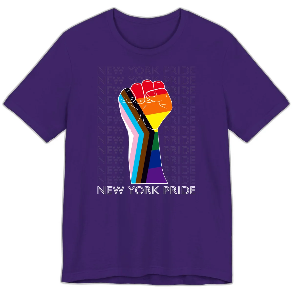 Raised fist in rainbow pride colors with pink, cyan, brown, and black diversity stripes on gray background with New York Pride text in Team Purple
